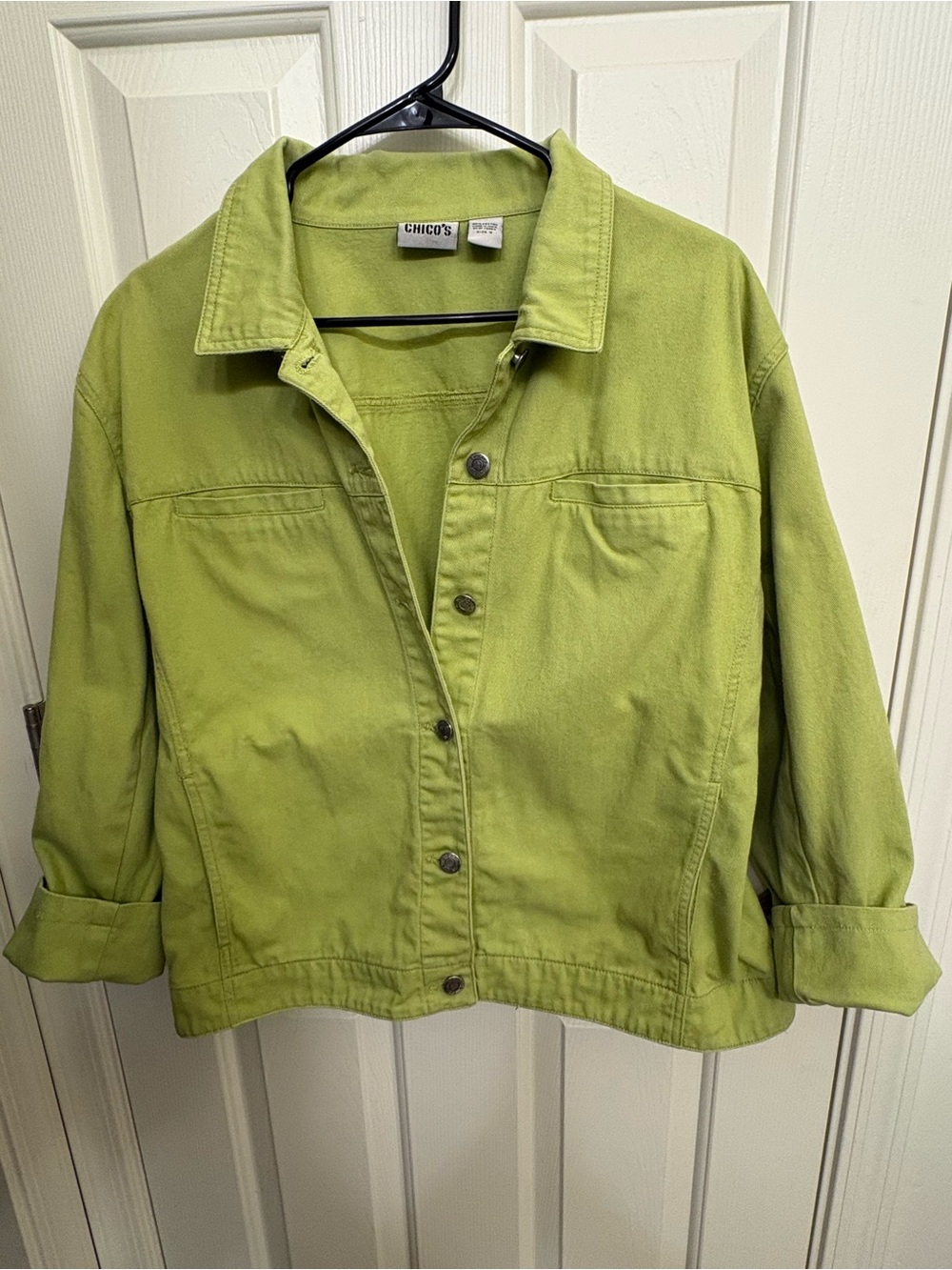 Chico's 3 Lime Green Cotton Button-Front Jacket